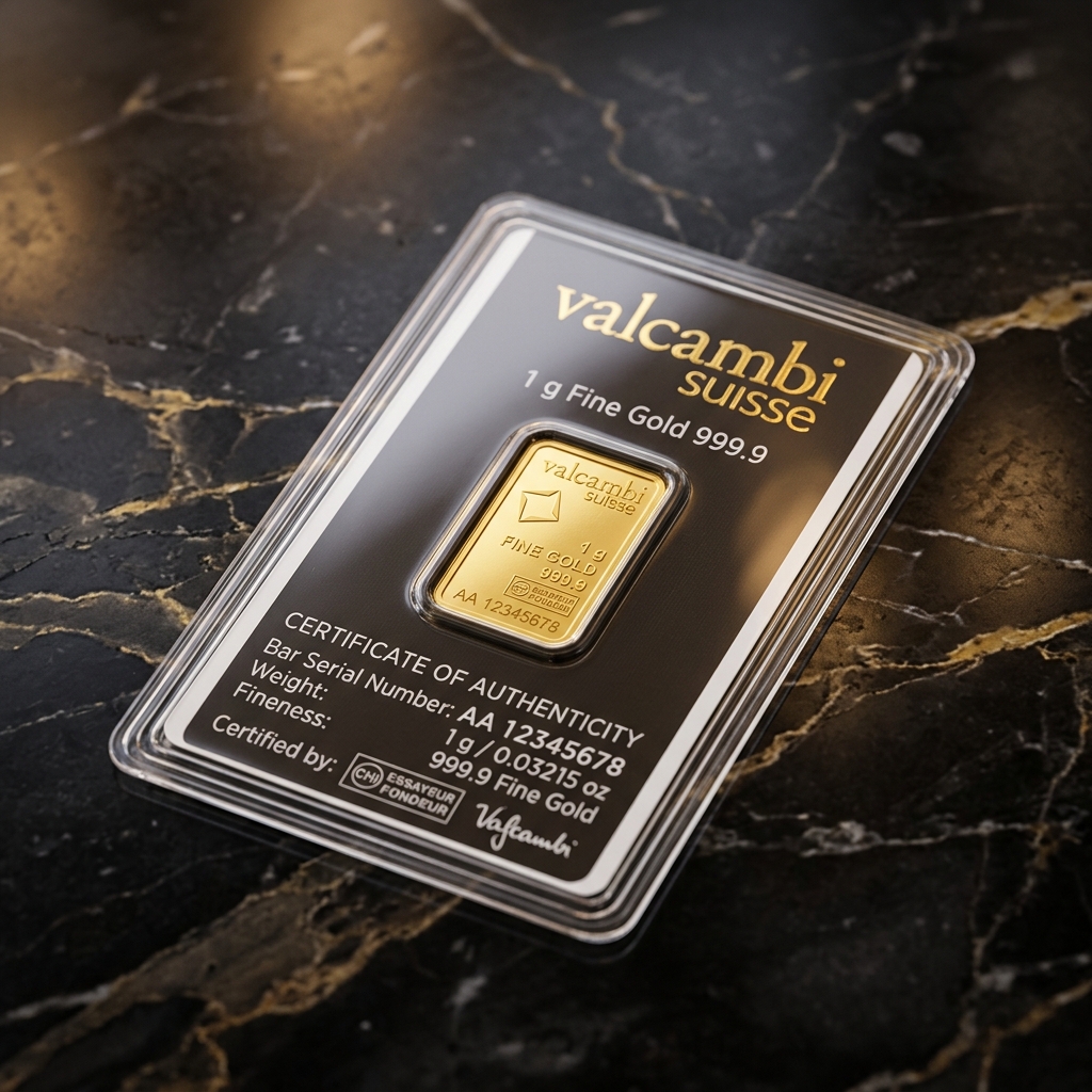 A sealed, certified 1-gram 24k gold bar resting on a marble surface