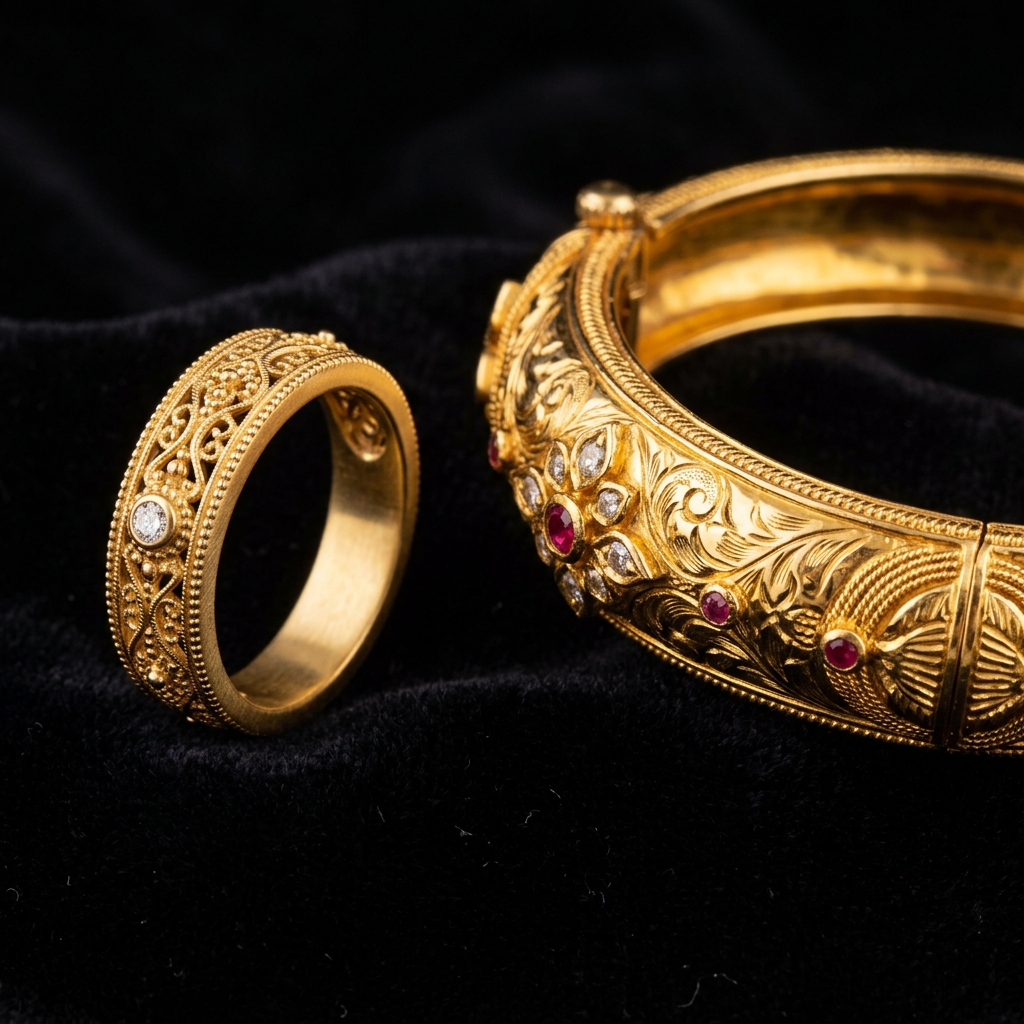 Close up of 21k and 22k gold jewelry showcasing the difference in color and craftsmanship