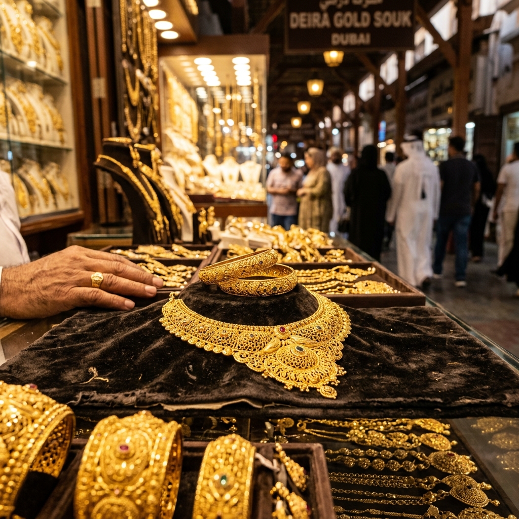 A cinematic, hyper-realistic macro shot of traditional 22k gold jewelry being displayed in the famous Deira Gold Souk in Dubai