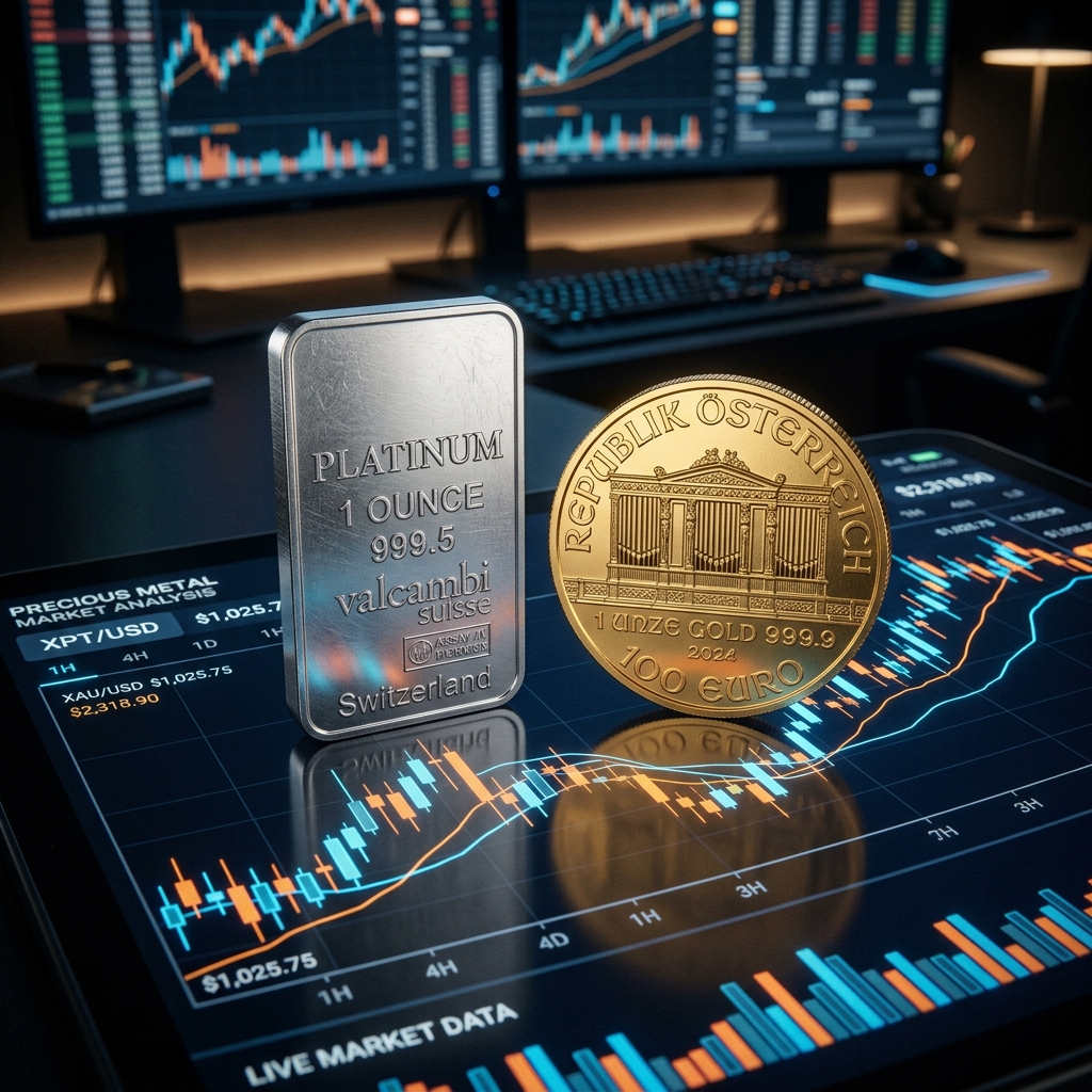 Macro comparison of physical platinum bar and pure 24k gold coin resting on digital trading charts representing precious metal market analysis