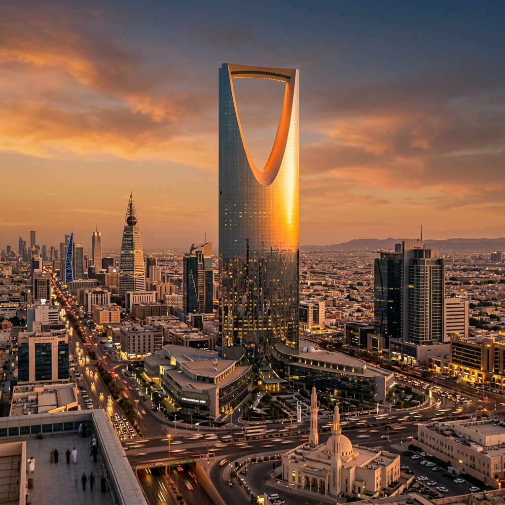 Riyadh Saudi Arabia skyline during golden hour highlighting Kingdom Centre, representing the gold market