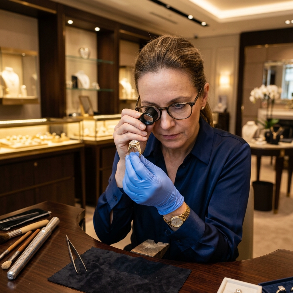 Jeweler inspecting and weighing used gold jewelry on a precision scale in a traditional Middle Eastern gold souk