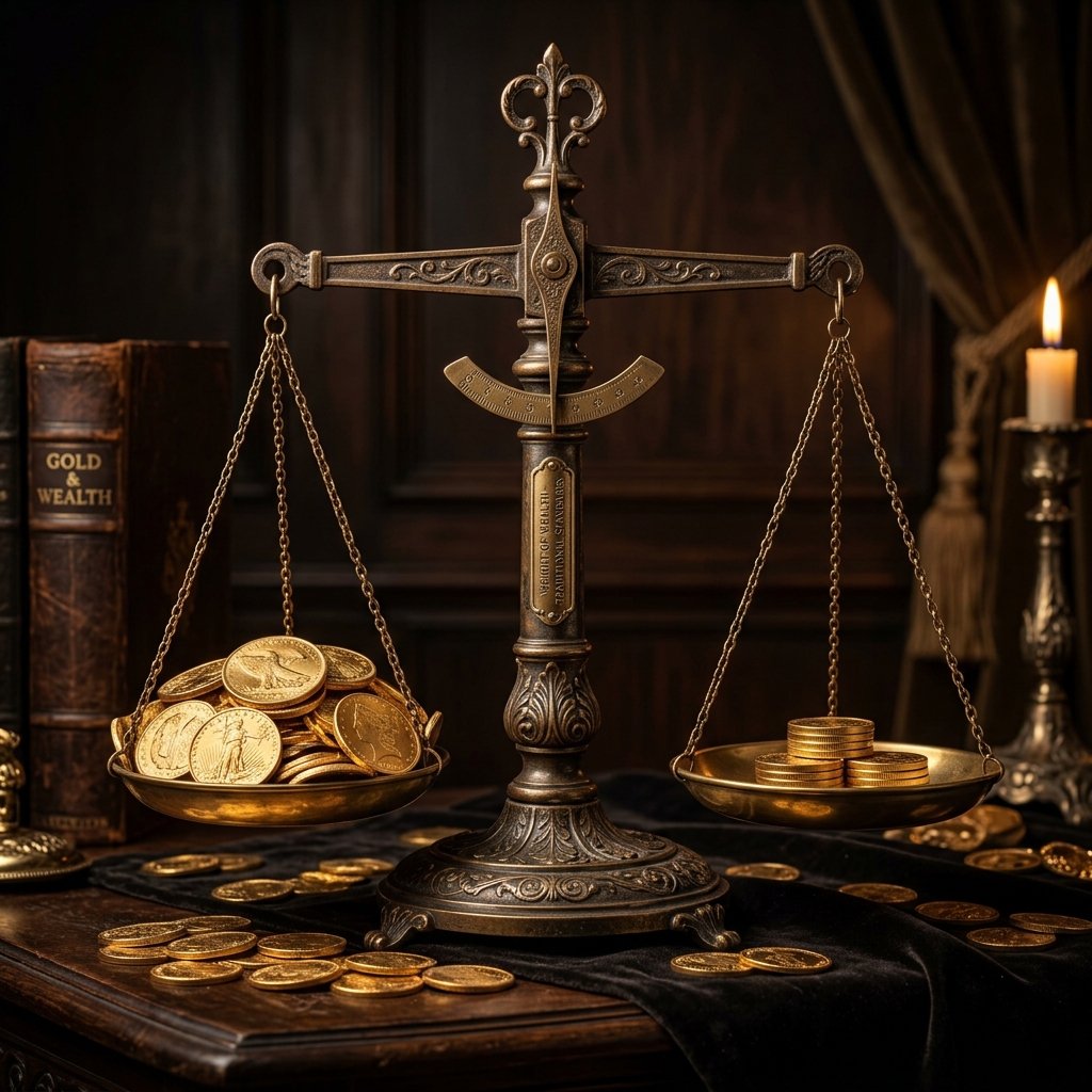A traditional balance scale weighing gold with numerical overlay showing Tola to Grams conversion