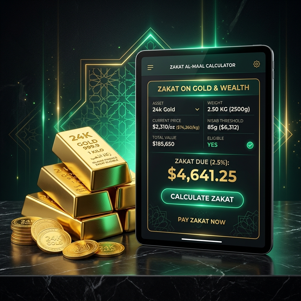 A sleek, modern conceptual image representing Islamic finance and Zakat on gold, featuring pure 24k gold bars and an elegant digital calculator.
